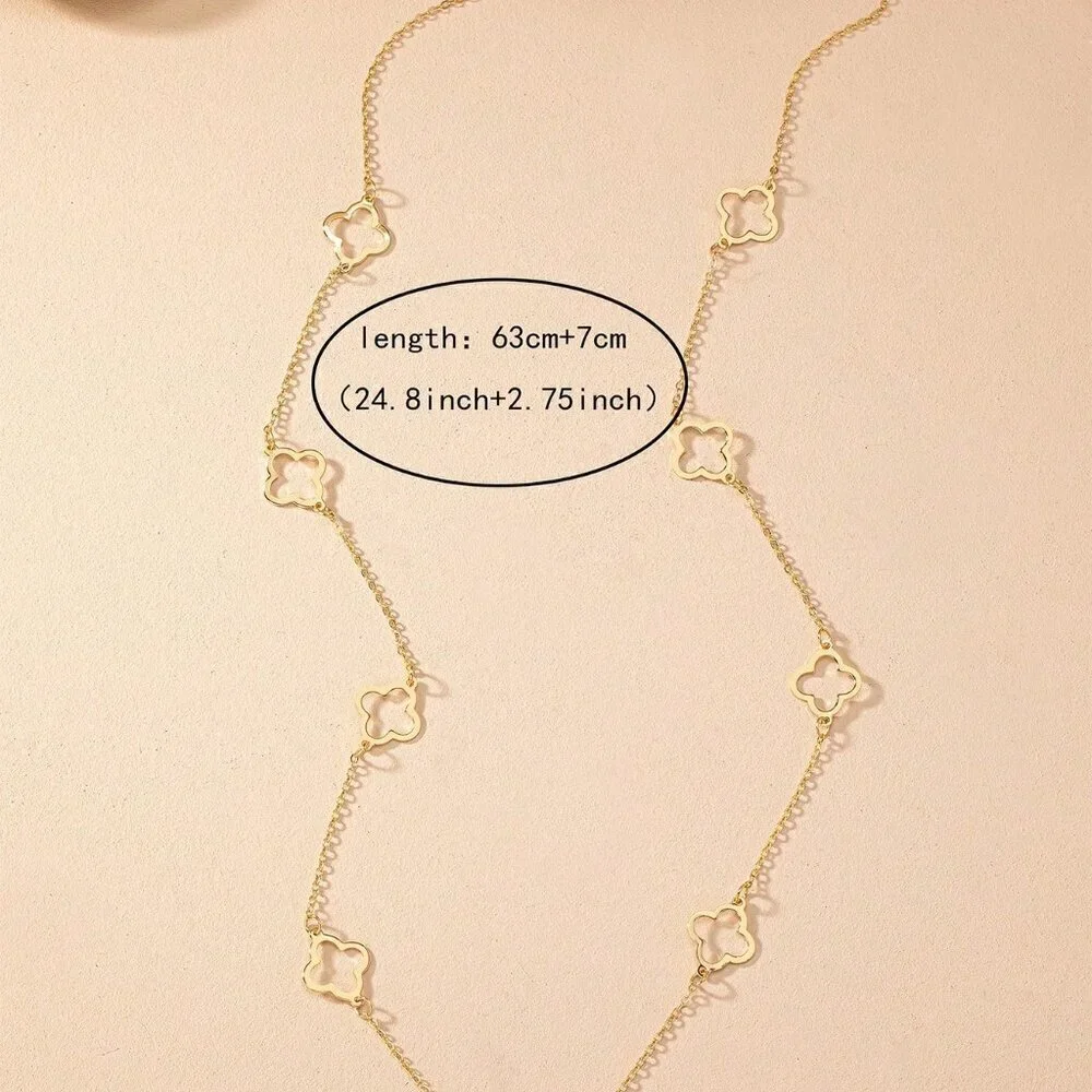 Yellow Gold Women's One Hollow Out Clover Pendant Long Chain Vintage Neclace